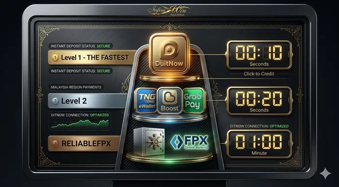 Infiniwin deposit speed comparison chart ranking Malaysian bank transfers, e-wallets, and crypto by processing time. 7 Fastest Infiniwin Deposit Methods Ranked for 2026