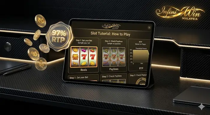Step-by-step guide on how to play slots in Malaysia for beginners featuring digital tutorials and high RTP game indicators.