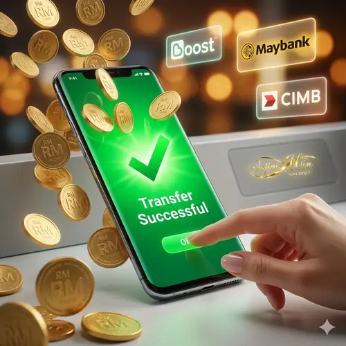 Colorful 4K digital display of successful E-wallet and bank transfer payments in Malaysia with vibrant 3D finance icons and sharp detail.