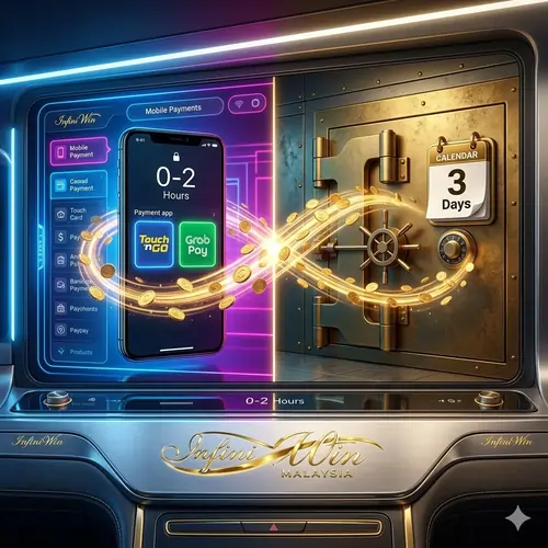 Vibrant neon comparison of E-wallet vs Bank Transfer in Malaysia highlighting fast withdrawal times and modern digital payment security.