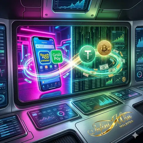 Vibrant 3D comparison of E-wallet vs Cryptocurrency for Malaysian casino players with neon lighting and high-speed transaction symbols.