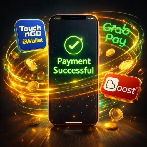 Vibrant 4K smartphone display of Touch n Go and GrabPay logos for Infiniwin e-wallet payment options with neon lighting and gold coin effects.