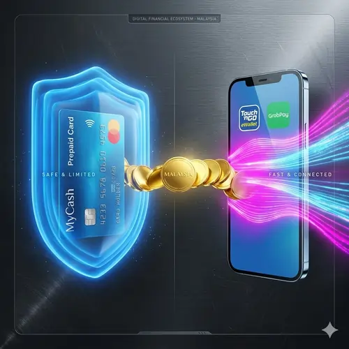 Vibrant 3D visualization of Prepaid Cards vs E-Wallets for Malaysian players highlighting budget control and mobile transaction speed.