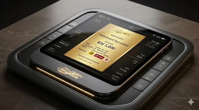High-resolution digital dashboard showing successful RM 5,000 bank withdrawal from Infiniwin Malaysia with premium gold aesthetics and sharp detail.