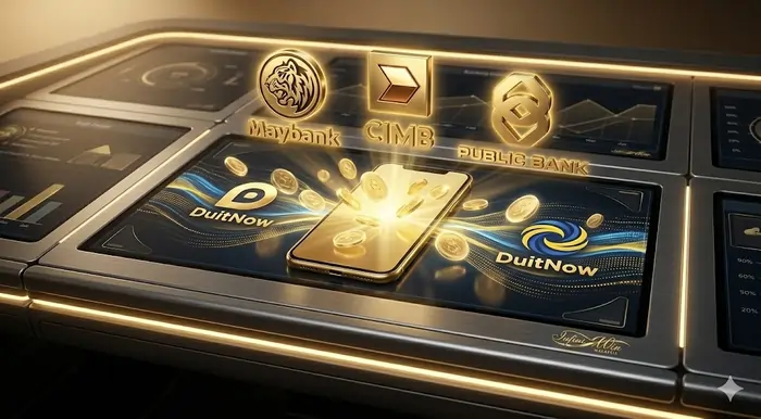 Vibrant 4K visualization of the top 9 popular banks supported by Infiniwin Malaysia featuring secure local banking icons and fast payment gateways.