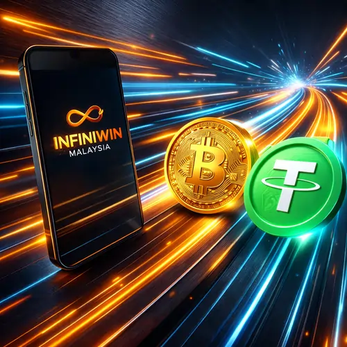Vibrant 4K visualization of Why Infiniwin Crypto Payments Are Growing in Malaysia featuring high-speed USDT tokens and secure blockchain digital light trails.